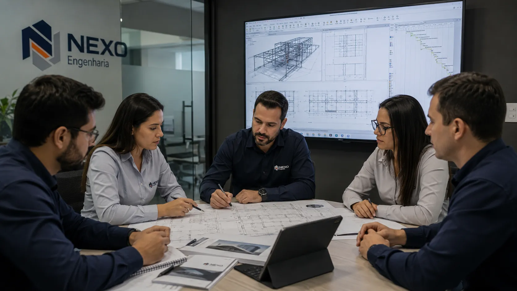 Equipe de engenharia analisando projetos